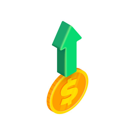 3D isometric money growth up concept. Vector trending upward green vertical arrow and gold dollar coin on white background. 3D render uptrend chart. Business, financial data infographics for app, web.のイラスト素材