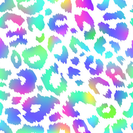 Trendy Neon Leopard seamless pattern. Vector rainbow wild animal cheetah skin, gradient leo texture with neon spots on white background for fashion print design, textile, wrapping paper, backgrounds.のイラスト素材