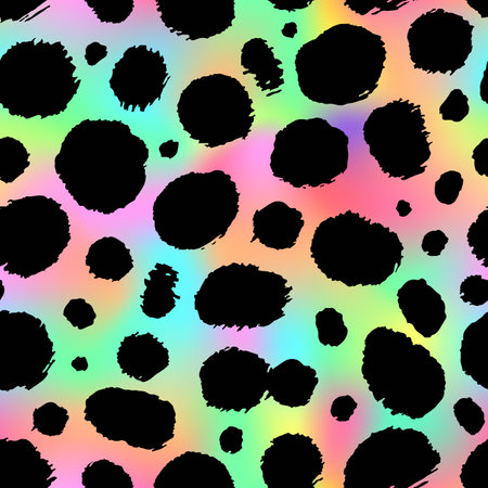 Trendy Neon Cheetah seamless pattern. Vector rainbow wild animal leopard skin, gradient leo texture with black spots on bright neon background for fashion print design, textile, wrapping, backgrounds.のイラスト素材