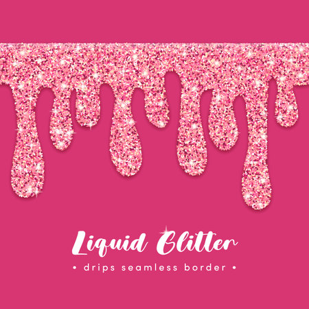 Vector Pink Glitter Paint Drips Seamless Border. Decorative liquid flowing shiny rose paint stains. Abstract sparkle splatter design element on pink background for banner, wedding, Valentines cardのイラスト素材