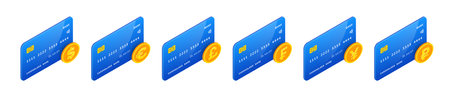 3D Credit Card Currency Set. Vector Isometric credit cards with dollar, euro, pound, frank, yen, yuan and rouble sign. Online banking payment symbols. Currency transactions, Online money transfer.のイラスト素材