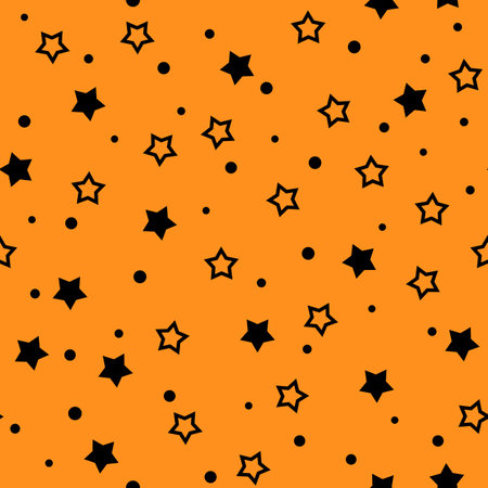 Vector Halloween Stars Seamless Pattern. Abstract black and orange background with starry repeat texture. Simple autumn print for wallpaper, wrapping, digital paper, greeting, decorationのイラスト素材