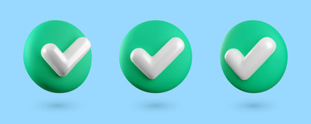 Cute Vector 3d Checkmark realistic icons set. Trendy glossy plastic green check mark buttons collection in different angles, choice icon isolated on blue background. 3d render tick sign illustration.のイラスト素材