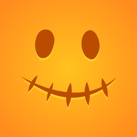 Vector scary face icon. Halloween decoration smiling mask. Pumpkin funny smile. Ghost orange face on orange background for web, decor, fashion print, app.のイラスト素材