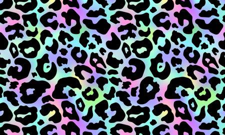 Trendy Neon Leopard pattern horizontal background. Vector rainbow wild animal leo skin, gradient cheetah texture with black spots on rainbow background for fashion print design, wallpapers, decor.のイラスト素材