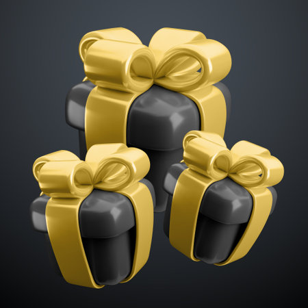 Vector 3d Black Friday gifts concept. Cute luxury black present boxes with gold ribbon, bow on black background. Realistic 3d render surprise for Black Friday advert, sale promo design.のイラスト素材