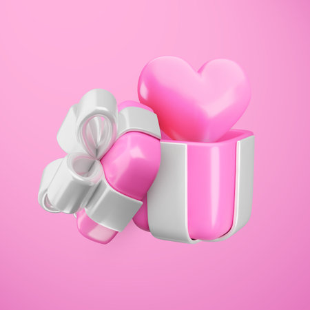 Vector 3d Valentines love gift box concept. Cute pink open present with silver ribbon, bow and heart balloon inside. Realistic 3d render glossy surprise illustration for Valentines day, Mothers Day.のイラスト素材