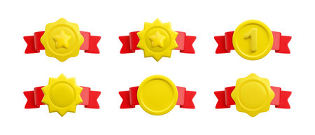 Vector cartoon 3d medals set on red horizontal folded ribbon. Round, wavy, starburst badges realistic icon with star, number 1 and empty. Trendy gold sport or business award 3d render.のイラスト素材