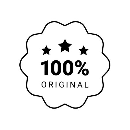 100 percent original product label sign. Round premium quality product guarantee logo with stars. Black wavy badge, rubber seal stamp symbol. Vector illustration for sticker, logo, certificate.のイラスト素材
