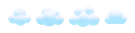 Cartoon 3d clouds set. Vector soft white fluffy cloud on white background. 3d Render bubble shape round geometric cumulus illustration for design, game, weather app.のイラスト素材