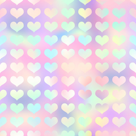 Shiny holographic hearts seamless pattern. Vector iridescent heart print on rainbow gradient background. Magic romantic Valentines Day backdrop texture for decoration, greeting, wedding designのイラスト素材