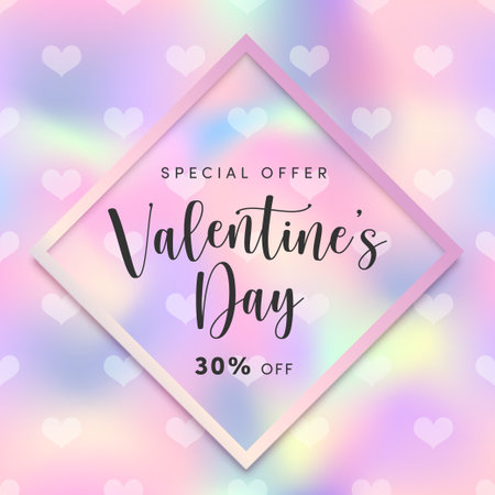 Valentines Day sale banner. Special offer 30 percent off social media square poster. Valentine's day marketing template with trendy holographic heart background. Vector shopping promotion concept.のイラスト素材