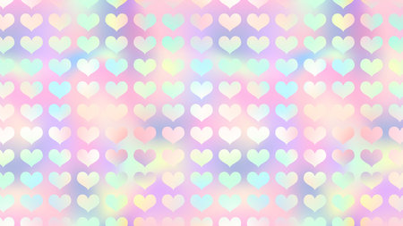 Cute holographic rainbow heart background. Vector love hearts neon texture on soft pink gradient background. Valentines day iridescent wallpaper, trendy abstract minimal designのイラスト素材