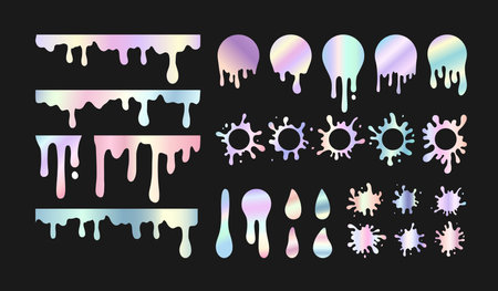Vector holographic paint blob set. Trendy gradient liquid splash, round ink splatter, dripping paint collection. Paint flows circle stickers, metallic abstract stains badges and drops design elements.のイラスト素材