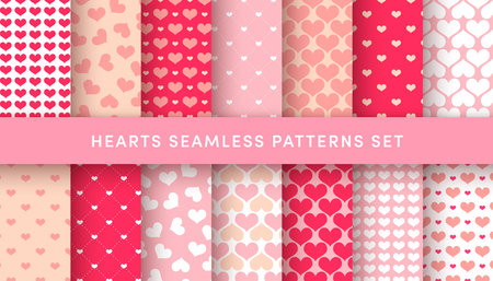 Cute love hearts seamless patterns set. Vector pink, red and white heart print. Valentines Day backdrop textures for decoration, design, background, wallpaper.のイラスト素材