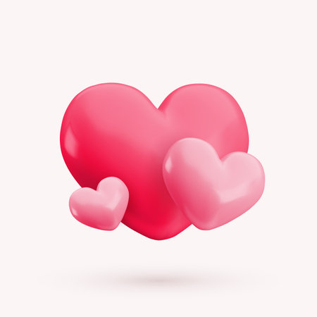 Vector 3d pink hearts concept. Cute realistic glossy heart composition on soft pink background. Minimal 3d render love heart illustration for Valentines day, Mothers Day, birthday, wedding decoration.のイラスト素材