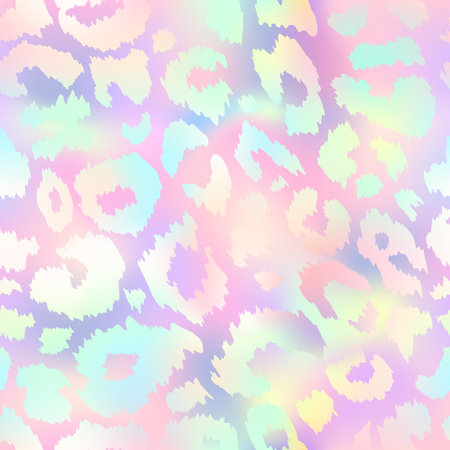 Trendy holographic Leopard seamless pattern. Vector pastel rainbow wild animal cheetah skin, gradient leo texture, neon spots on iridescent pink background for fashion print design, wallpaper, decor.のイラスト素材