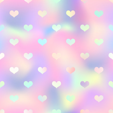 Shiny holographic hearts seamless pattern. Vector iridescent heart print on pastel rainbow gradient background. Magic romantic Valentines Day backdrop texture for decoration, greeting, wedding designのイラスト素材