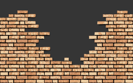Vector realistic broken brown brick wall on black background. Hole in flat wall texture. Orange textured brickwork with gap for web, design, decor, background, wallpaper.のイラスト素材