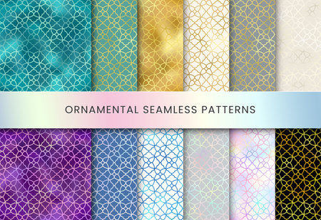 Arabic style seamless patterns set. Vector shiny gold, blue, green, gray, holographic oriental ornaments. Islamic traditional texture for backgrounds, wallpapers, textile patterns, decorationのイラスト素材