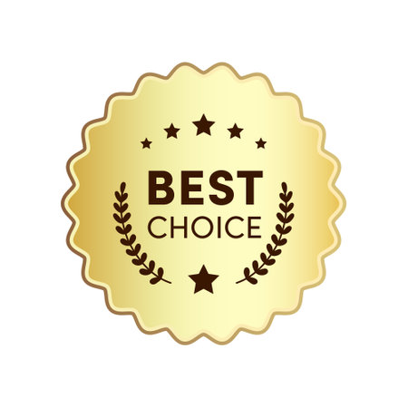 Best choice product label sign. Round premium quality product guarantee golden logo with stars, laurel crown. Vector gold wavy badge, rubber seal stamp symbol for sticker, logo, original certificate.のイラスト素材