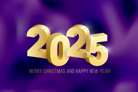 Realistic shiny 3D gold numbers 2025 on glowing gradient violet background. Vector golden greeting 2025 New Year concept for web design, print, advert.のイラスト素材
