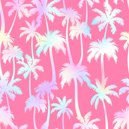 Palm trees seamless pattern. Vector holographic tropical jungle texture on blue background. Abstract gradient palm silhouettes summer print for textile, exotic wallpapers, wrapping, fabric.のイラスト素材