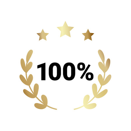 100 percent original product label sign. Round premium quality product guarantee logo with stars and laurel crown. Vector black and gold badge, rubber seal stamp for sticker, logo, certificate.のイラスト素材
