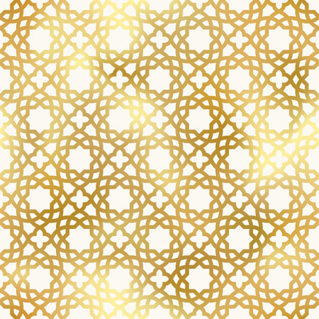 Gold Arabic style seamless pattern. Vector shiny gradient oriental ornament on white background. Oriental traditional foil texture for backgrounds, wallpapers, textile patterns, decorationのイラスト素材