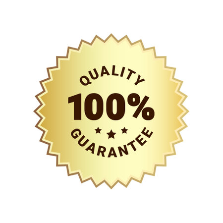 Premium quality product gold label sign. Round quality product guarantee logo. Golden badge icon with 100 percent symbol and stars. Vector illustration for sticker, logo, certificate.のイラスト素材