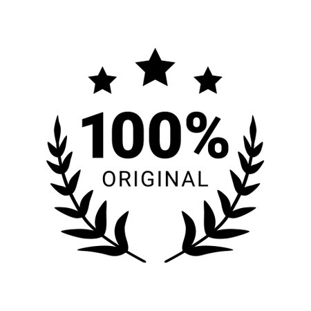 100 percent original product label sign. Round premium quality product guarantee logo with stars and laurel crown. Vector black badge, rubber seal stamp symbol for sticker, logo, certificate.のイラスト素材