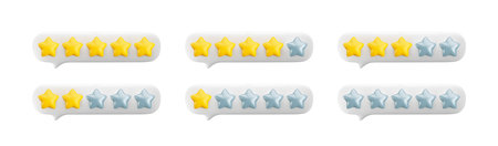Vector 3d feedback bubbles set. Star rating system from 0 to 5 stars. Customer review gold and silver stars. One, two, three, four and five stars icons set.のイラスト素材