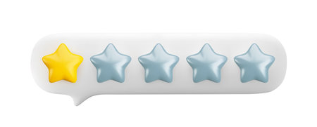 Vector 3d gold one star out of five in white speech bubble. Realistic render of customer review, low...