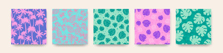 Abstract cute palm leaves seamless patterns set. Vector fresh green, pink, blue tropical leaf and palm trees print collection for fabric, summer decor, wrapping paper, natural design.のイラスト素材