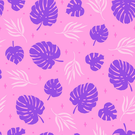 Trendy abstract hand drawn palm leaves seamless pattern. Vector retro pink and violet tropical leaf print for fabric, summer decor, wrapping paper.のイラスト素材