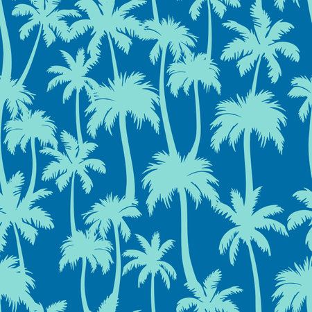 Palm trees seamless pattern. Vector tropical jungle texture on blue background. Abstract palm silhouettes summer print for textile, exotic wallpapers, natural wrapping, fabric.のイラスト素材