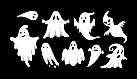 Cute Halloween Ghosts Set. Hand drawn spooky flying spirits collection. Cartoon funny ghost isolated on black background. Vector simple halloween horror characters. Creepy Halloween party costume.のイラスト素材
