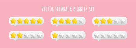 Vector 3d feedback bubbles set. Star rating system from worst to best level. Customer review gold and white stars from zero to five. Glossy 3d render stars in message bubble icons set.のイラスト素材