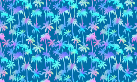 Palm trees pattern horizontal background. Vector neon tropical jungle texture on blue background. Abstract holographic gradient palm silhouettes summer print for wallpapers, decor, design.のイラスト素材