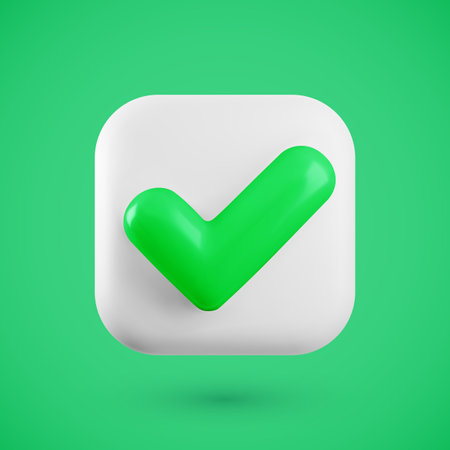 Vector 3d Check mark realistic icon. Trendy square plastic white and green checkmark button, select icon with shadow on green background. 3d render tick sign illustration for web, app, design.のイラスト素材