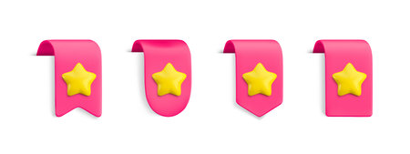 Vector Realistic 3d Pink Bookmarks set with star. Favorite icon design element, cute ribbons e-book sticker with shadow on white background. Cartoon 3d vertical ribbon tags, tape, add to bookmarksのイラスト素材