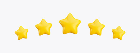 Vector cartoon 3d five gold stars. Realistic 3d render game achievements concept on white background. High quality rating symbol, customer feedback sign. For web, apps, advertising, game design.のイラスト素材