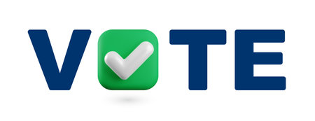 Vote word with green checkmark symbol. Realistic vector 3d voting square badge with yes tick. Presidential election campaign pin 3d render, patriotic ballot sign, vote typography poster.のイラスト素材
