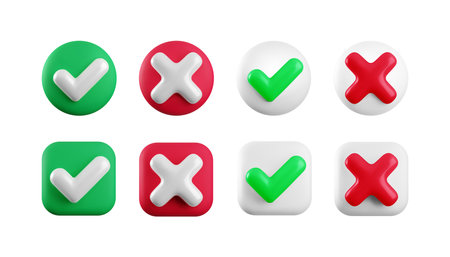 Vector 3d checkmarks icon set. Round and square glossy yes tick and no cross buttons isolated on white. Red, green and white heck mark and X symbols realistic 3d render. Right and wrong sign set.のイラスト素材