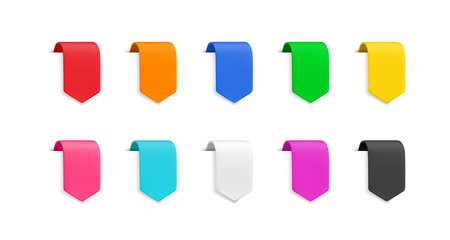 Vector Realistic 3d colorful vertical ribbons on white background. Vintage design element, decorative bookmark sticker with shadow. Cartoon 3d ribbon tag for sale banner, price tag, advert, game, app.のイラスト素材