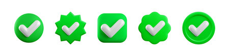 Vector 3d Green Check mark realistic icons set. Trendy plastic round, square, starburst and wavy verified badge with checkmark, approved icon isolated. Green official tick button. 3d render yes sign.のイラスト素材