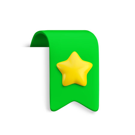 Vector Realistic 3d Green Bookmark with gold star. Favorite icon design element, cute ribbon e-book sticker with shadow isolated on white. Cartoon 3d vertical ribbon tag, tape, add to bookmarks sign.のイラスト素材