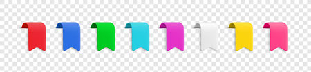 Vector Realistic 3d bookmark ribbon set on transparent background. Vintage design elements, decorative colorful sticker with shadow. Cartoon 3d ribbon tag for sale banner, price tag, game, app, label.のイラスト素材