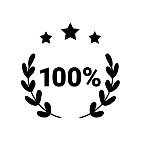 100 percent original product label sign. Round premium quality product guarantee logo with stars and laurel crown. Vector black badge, rubber seal stamp for sticker, logo, certificate.のイラスト素材