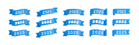 Vector cartoon 3d blue folded ribbons set with numbers 2025, realistic 3d design elements for graduation design, yearbook, new year greeting card, Christmas design.のイラスト素材
